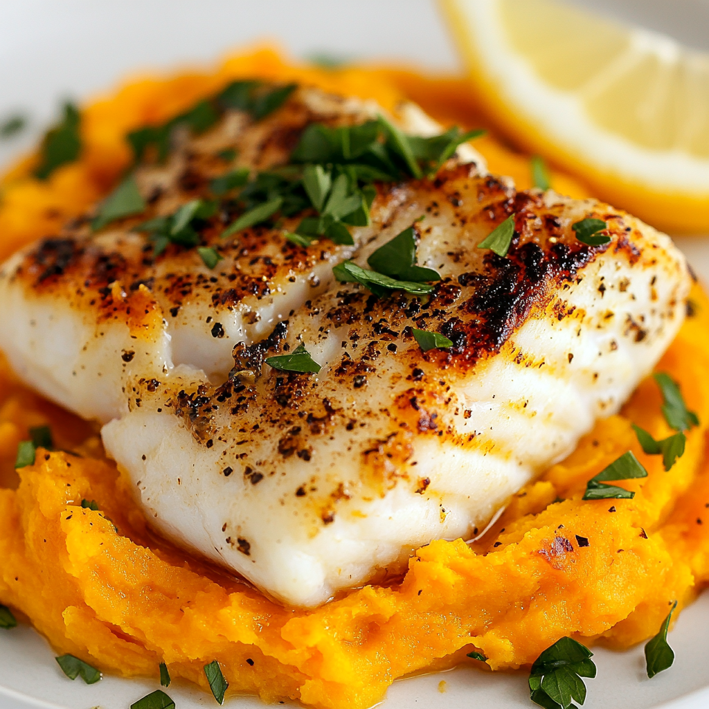Photo de la recette : Poisson grillé aux herbes avec une purée de patates douces et ail noir