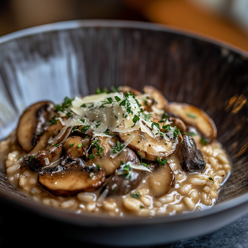 Photo de la recette : Risotto aux champignons et ail noir
