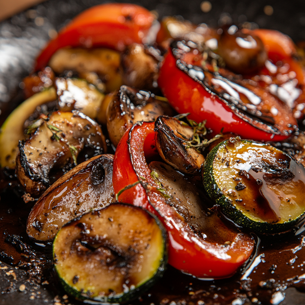 Photo de la recette : Légumes rôtis au four avec vinaigrette à l'ail noir