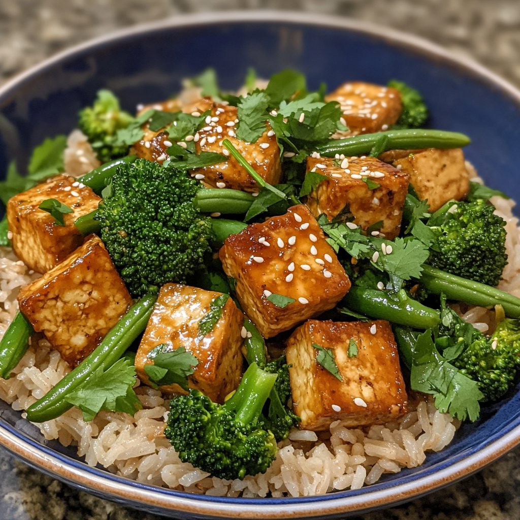Photo de la recette : Sauté de légumes verts et tofu avec riz complet