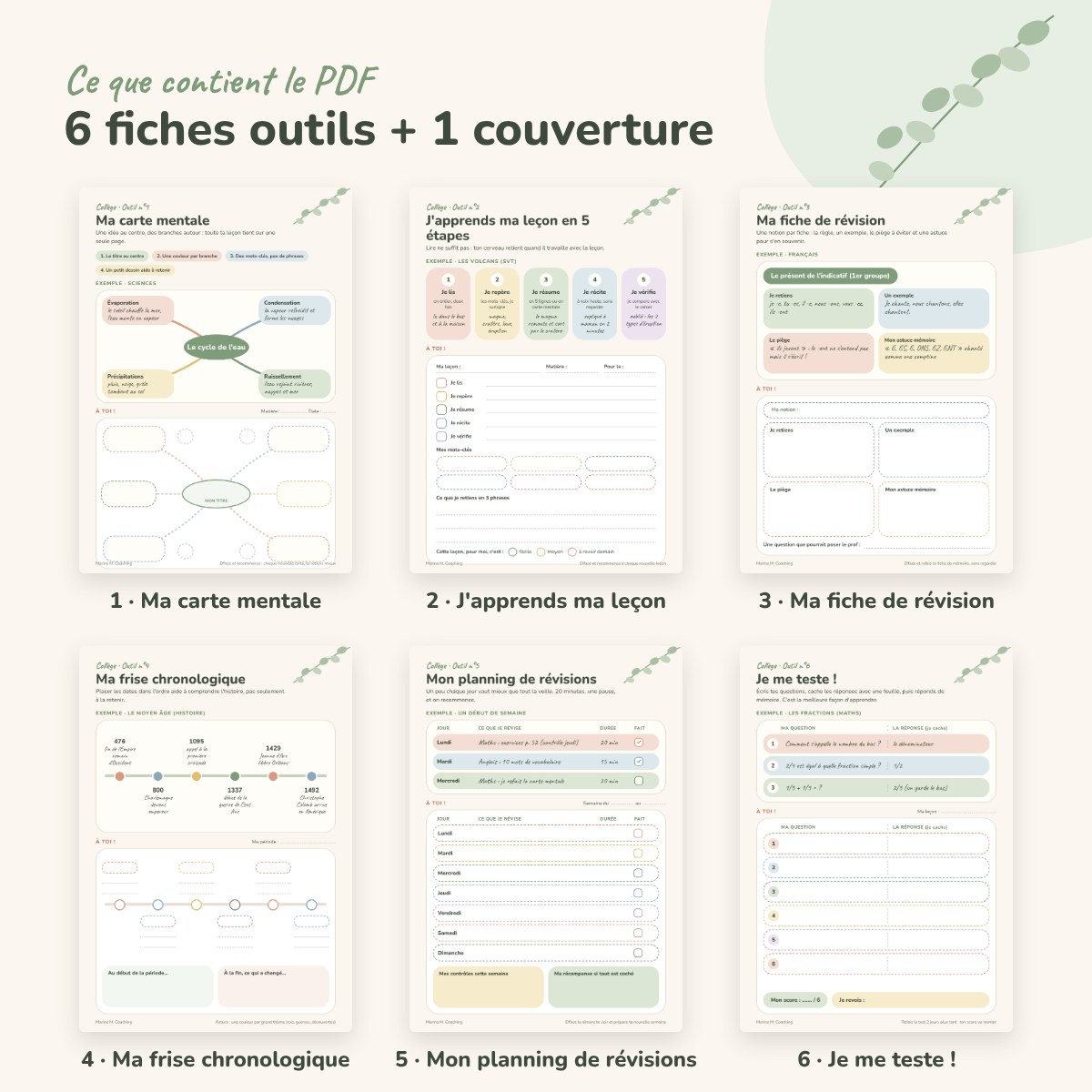Les 6 fiches methode college : carte mentale, lecon, revision, frise, planning, quiz