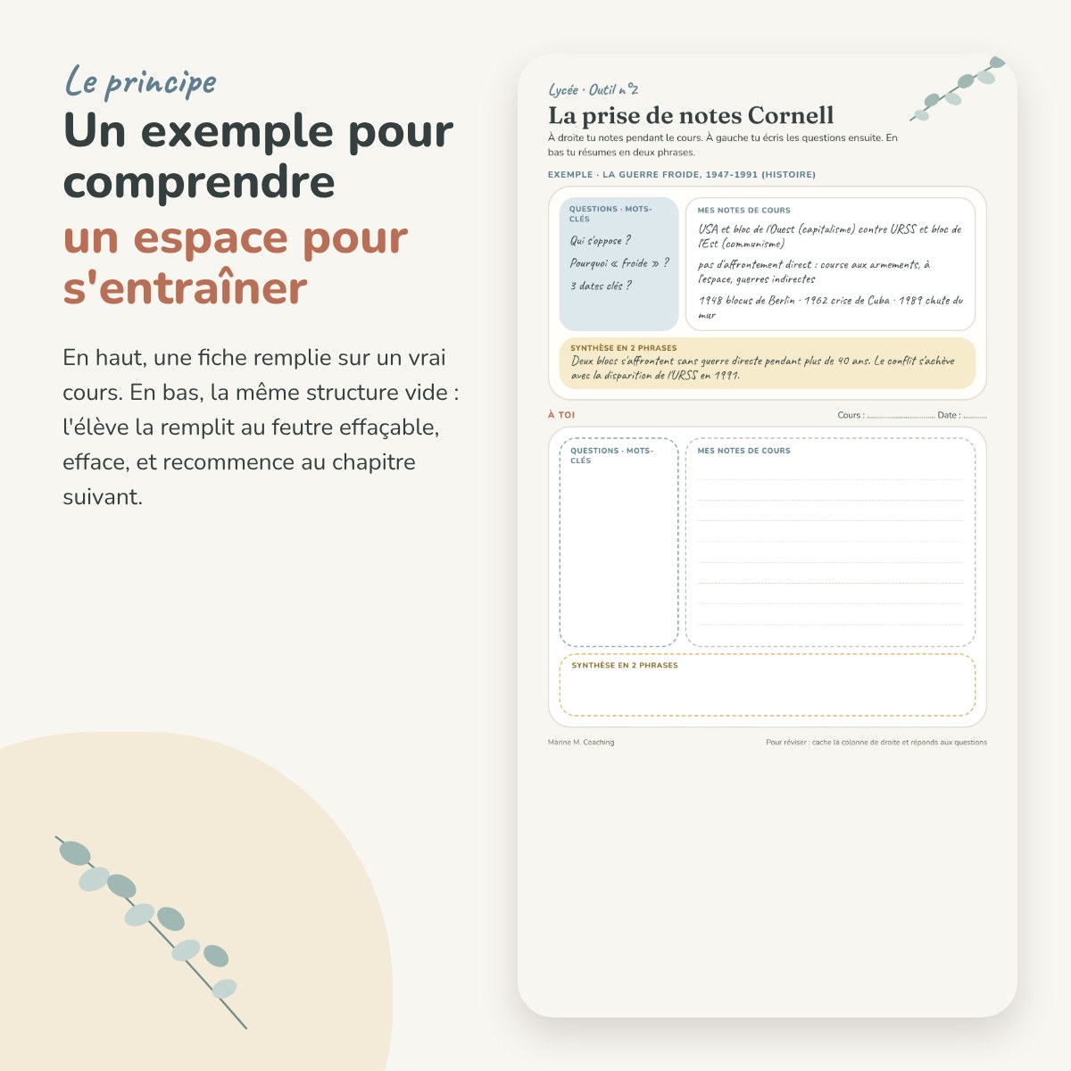 Fiche prise de notes Cornell lycee avec exemple rempli et espace vide