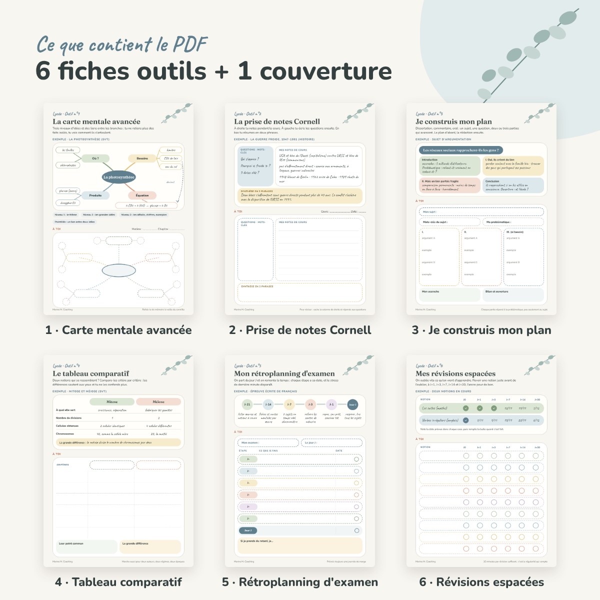 Les 6 fiches methode lycee : carte mentale, Cornell, plan, comparatif, retroplanning