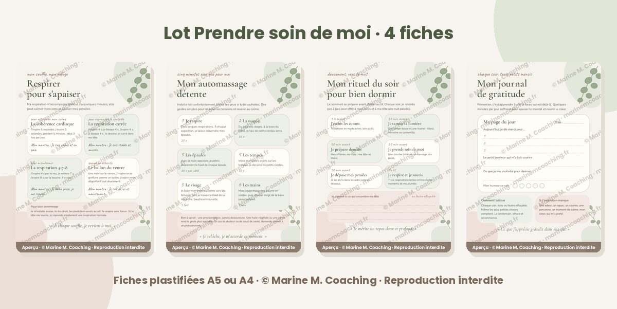 Les quatre fiches plastifiées du lot Prendre soin de moi