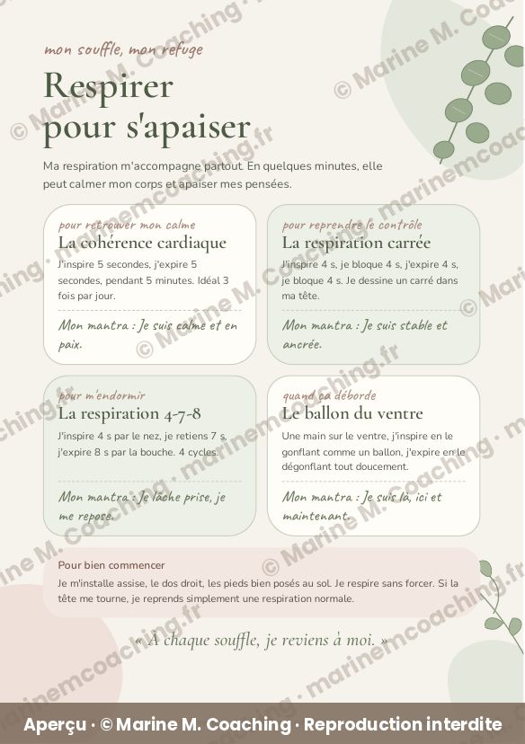 Aperçu de la fiche plastifiée Respirer pour sapaiser, quatre techniques de respiration