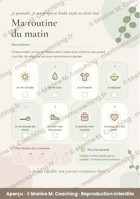Aperçu de la fiche plastifiée Ma routine du matin, huit étapes à cocher pour enfant