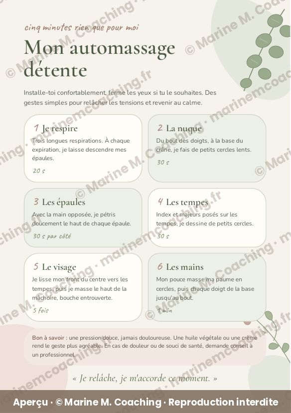 Aperçu de la fiche plastifiée Mon automassage détente en six gestes