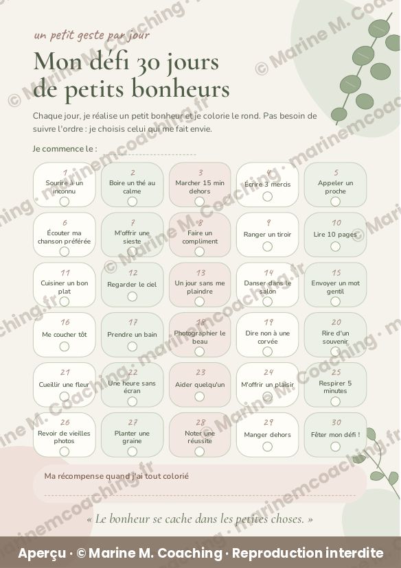 Aperçu de la fiche plastifiée Défi 30 jours de petits bonheurs