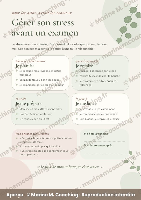 Aperçu de la fiche plastifiée Gérer son stress avant un examen, pour les ados