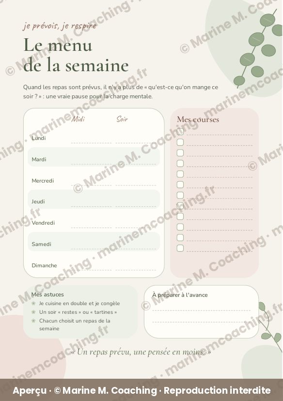 Aperçu de la fiche plastifiée Menu de la semaine et liste de courses