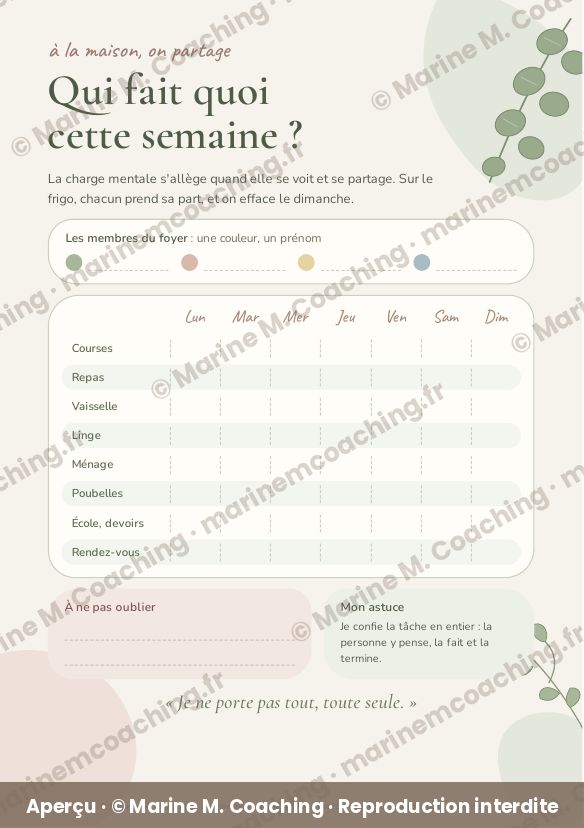 Aperçu de la fiche plastifiée Qui fait quoi cette semaine, tableau des tâches