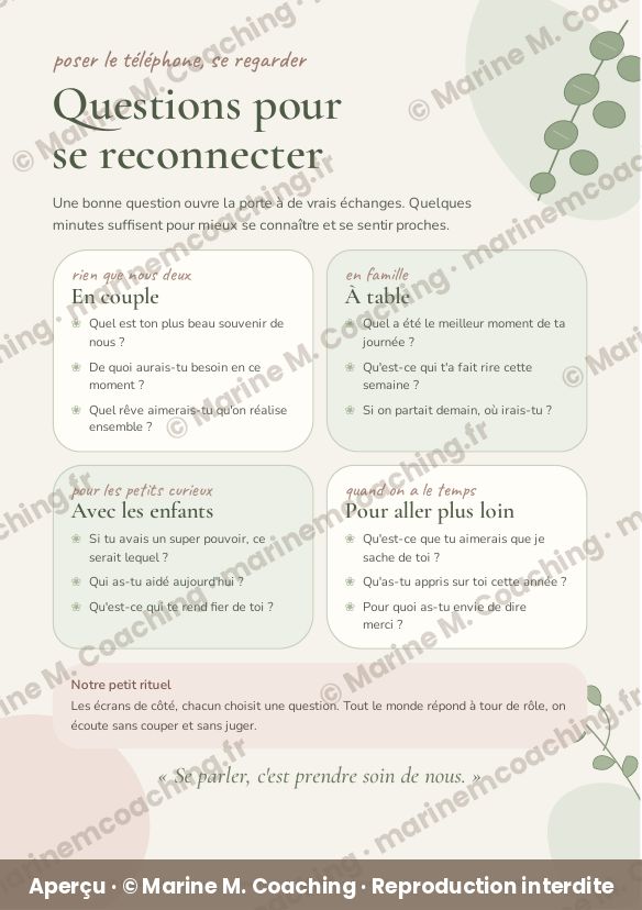 Aperçu de la fiche plastifiée Questions pour se reconnecter en couple et en famille