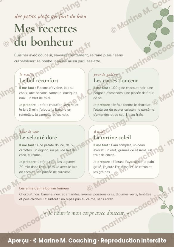 Aperçu de la fiche plastifiée Mes recettes du bonheur, quatre recettes réconfort