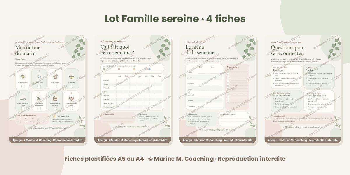 Les quatre fiches plastifiées du lot Famille sereine