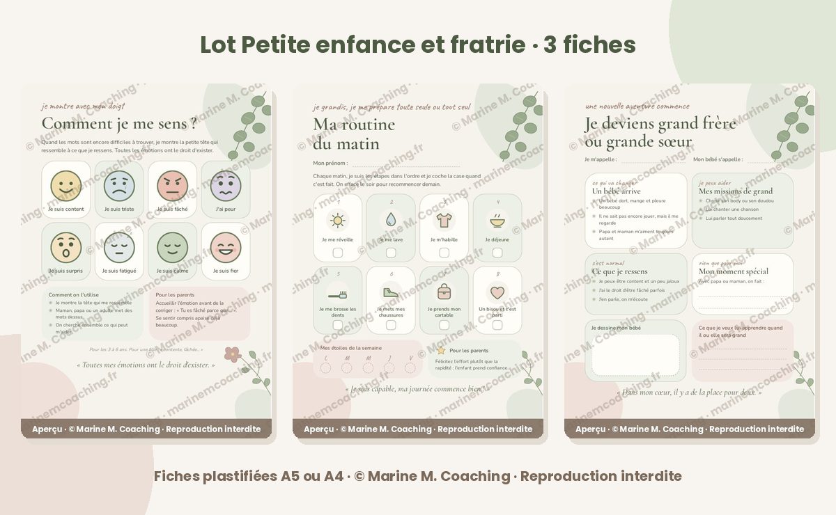 Les trois fiches plastifiées du lot Petite enfance et fratrie