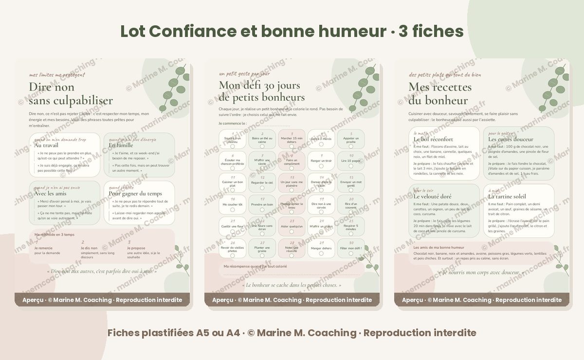 Les trois fiches plastifiées du lot Confiance et bonne humeur