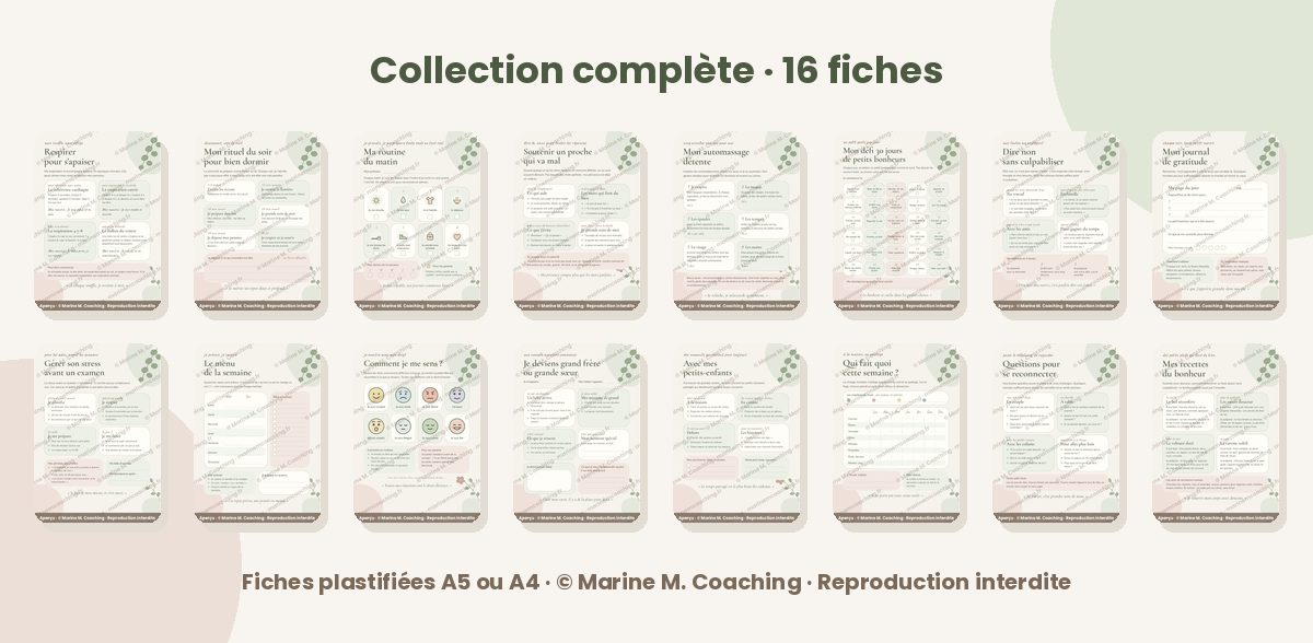 Les seize fiches plastifiées de la collection complète Marine M. Coaching