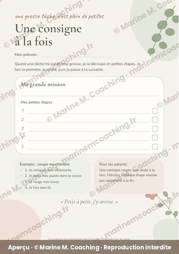 Aperçu de la fiche TDAH enfant Une consigne à la fois
