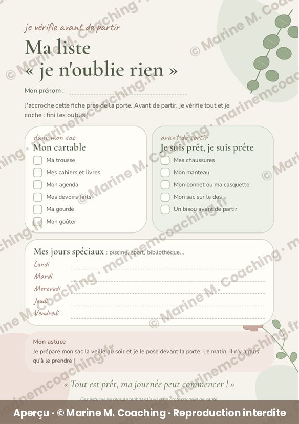 Aperçu de la fiche TDAH enfant Ma liste je noublie rien