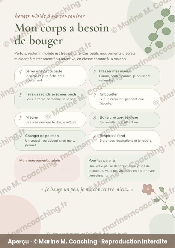Aperçu de la fiche TDAH enfant Mon corps a besoin de bouger