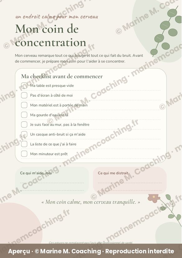 Aperçu de la fiche TDAH enfant Mon coin de concentration