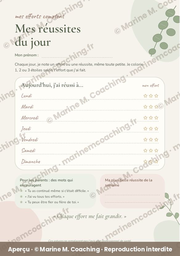 Aperçu de la fiche TDAH enfant Mes réussites du jour