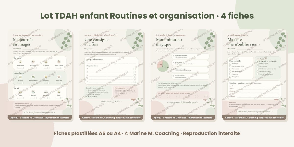 Les quatre fiches du lot TDAH enfant Routines et organisation