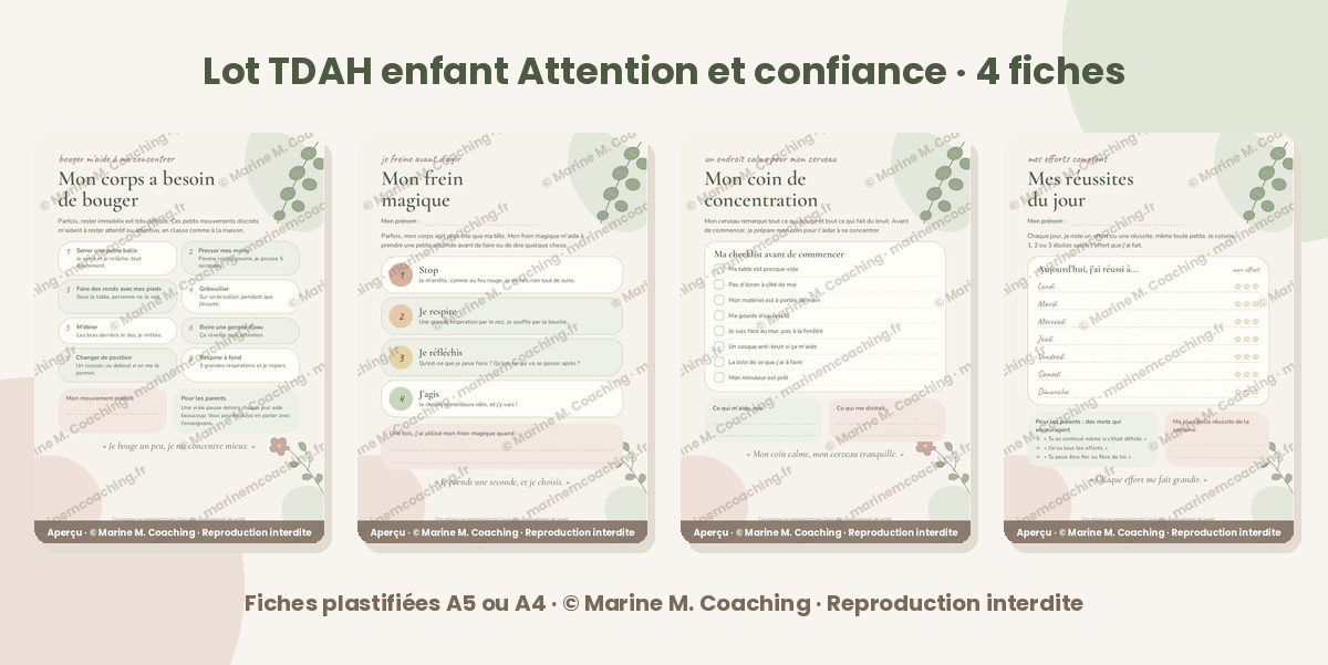 Les quatre fiches du lot TDAH enfant Attention et confiance