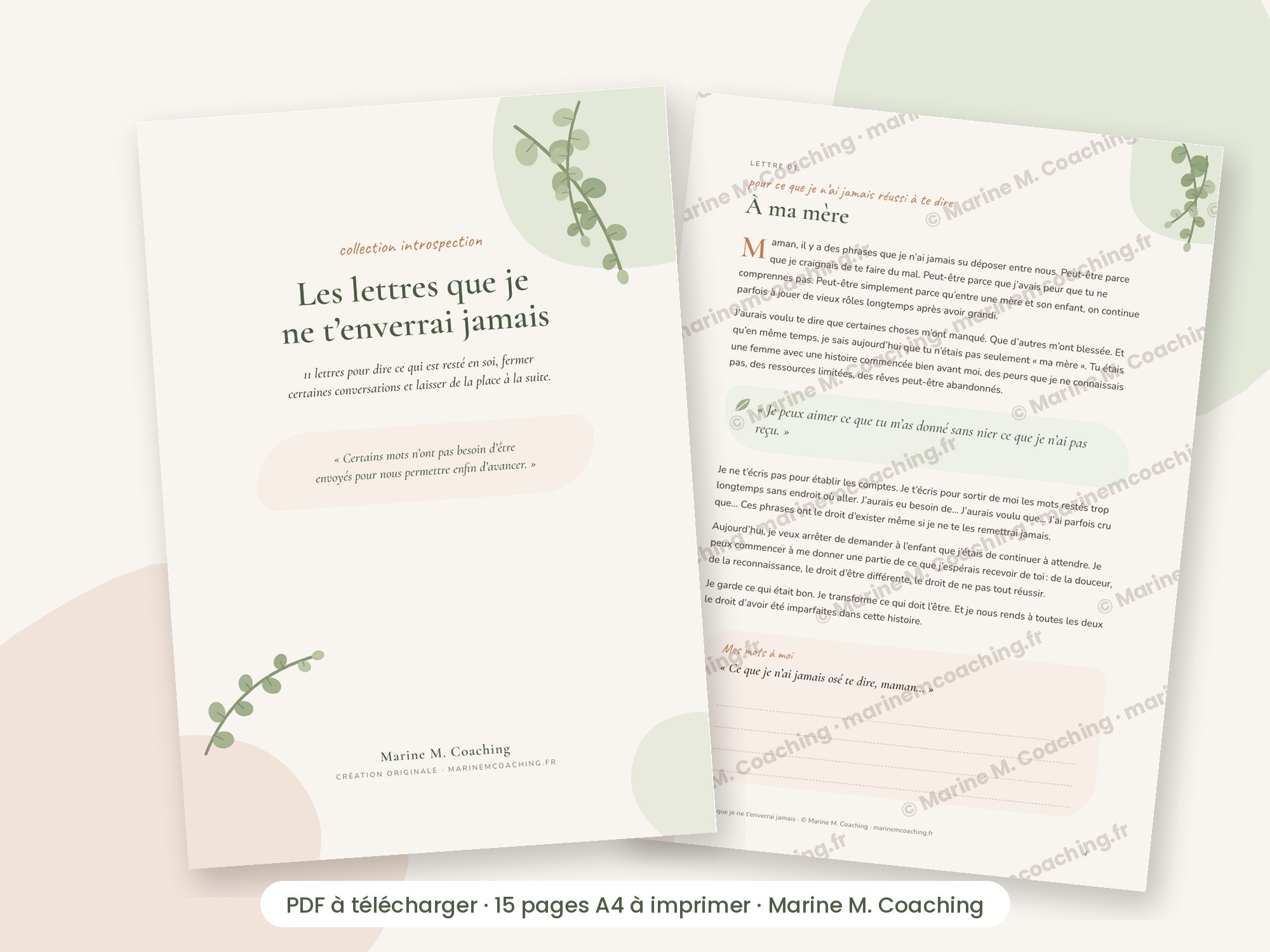 Carnet PDF Les lettres que je ne tenverrai jamais, couverture et page intérieure