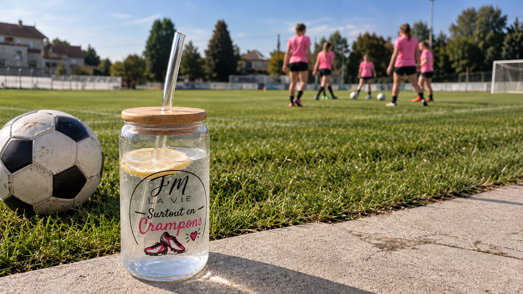 Verre avec paille J’M la vie Surtout en crampons sur un terrain de football féminin