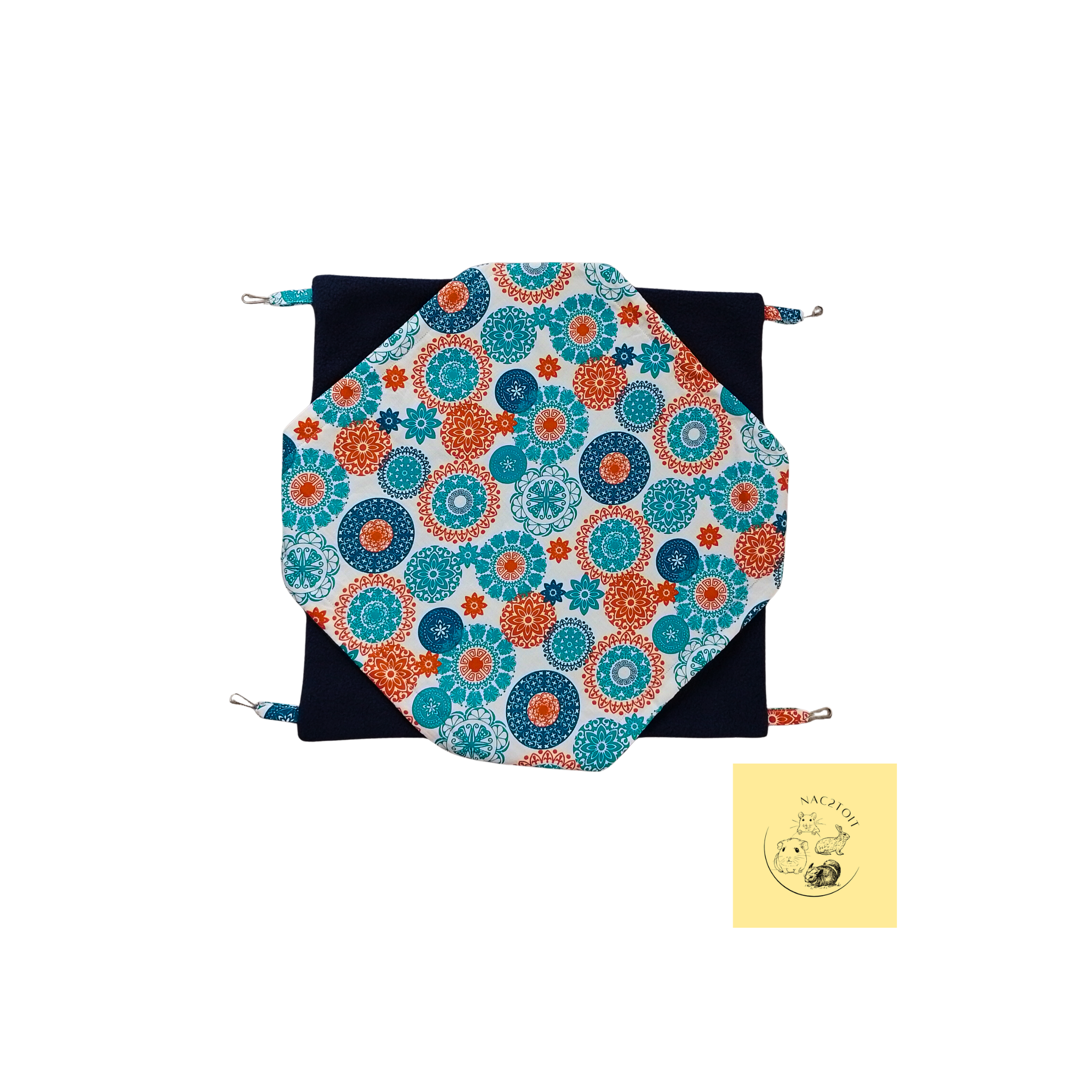 Hamac-double-pour-chinchilla-de-couleur-blanc-avec-des-cercles-orange-et-turquoise-NAC2TOIT