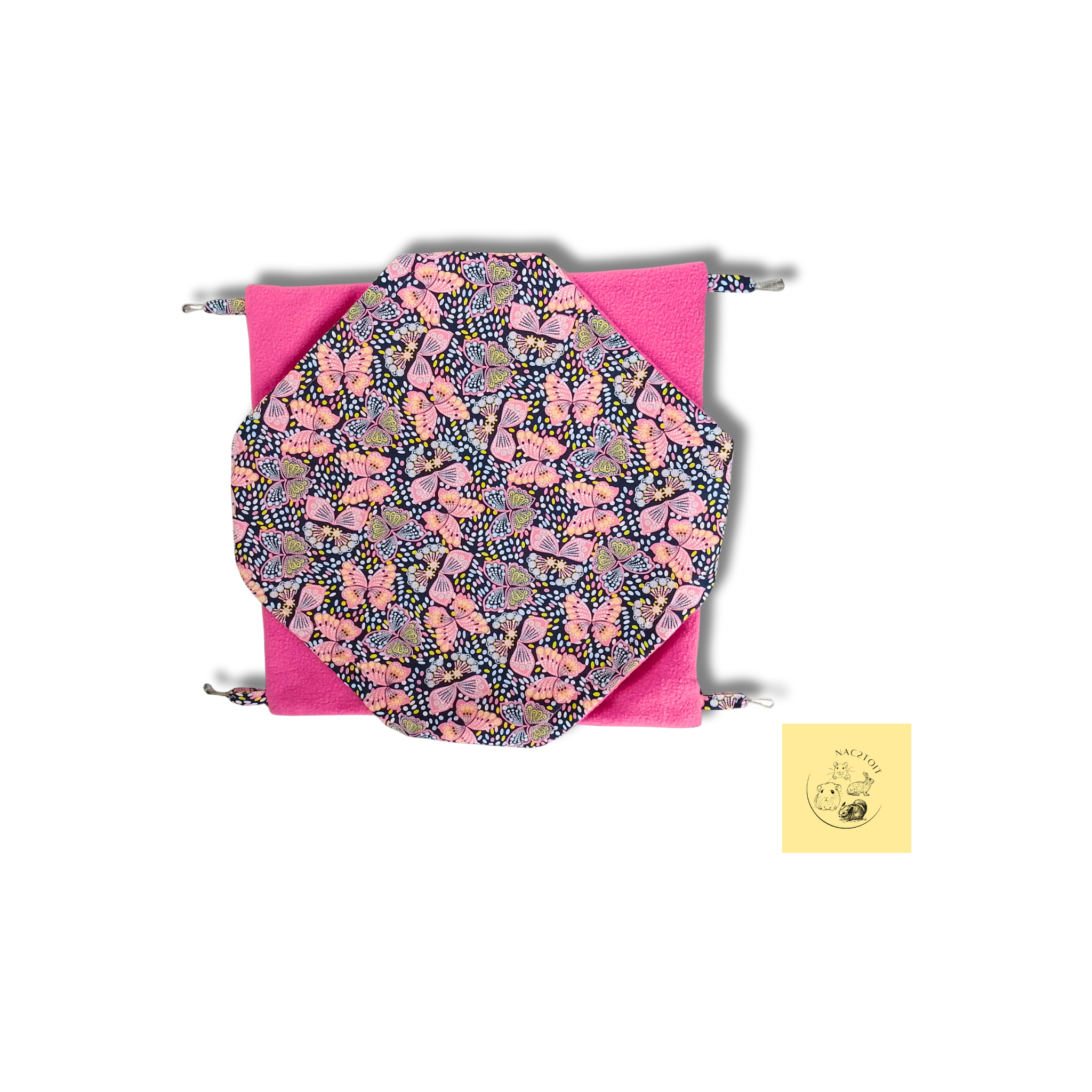 Hamac-double-pour-furet-coton-motif-papillon-rose-et-polaire-rose-NAC2TOIT
