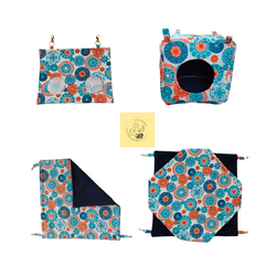 Ensemble-de-couchage-pour-chinchilla-sac-à-foin-cube-à-suspendre-hamac-simple-hamac-double-encoton-etpolaire-couleur-blanc-avec-des-cercle-marine-et-orange-turquoise-NAC2TOIT