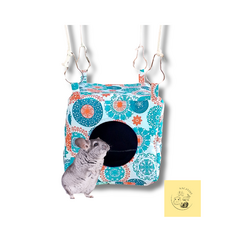 hamac-cube-chinchilla-en-tissu-coton-et-polaire-couleur-blanc-et-turquoise-cercle-orange-NAC2TOIT