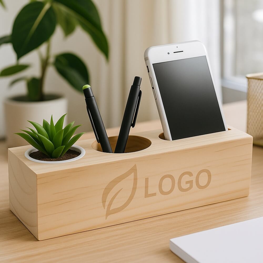 station-de-bureau-bois-gravee-avec-espace-plante-logo-ambiance