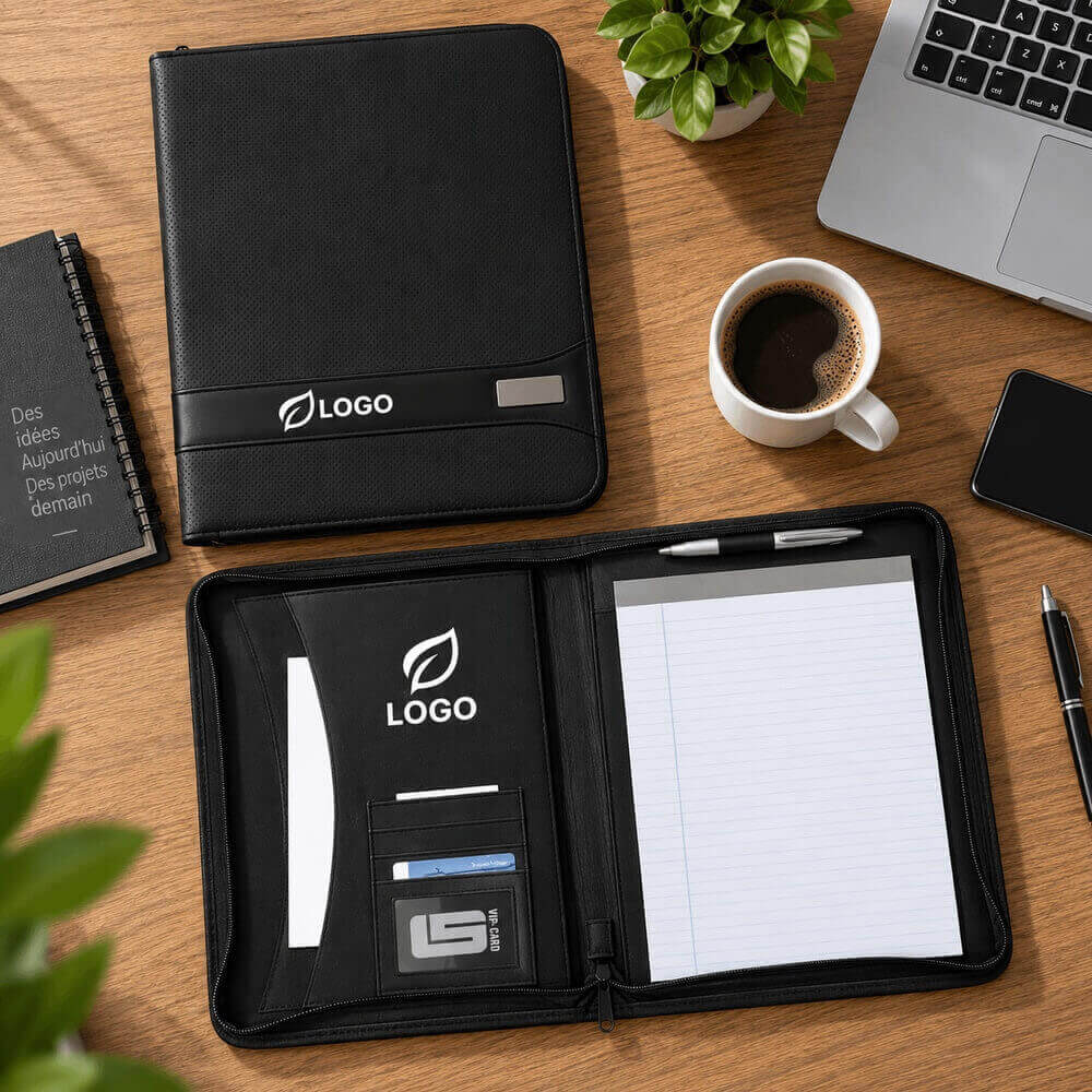 Conférencier A4 zippé en PVC ambiance logo