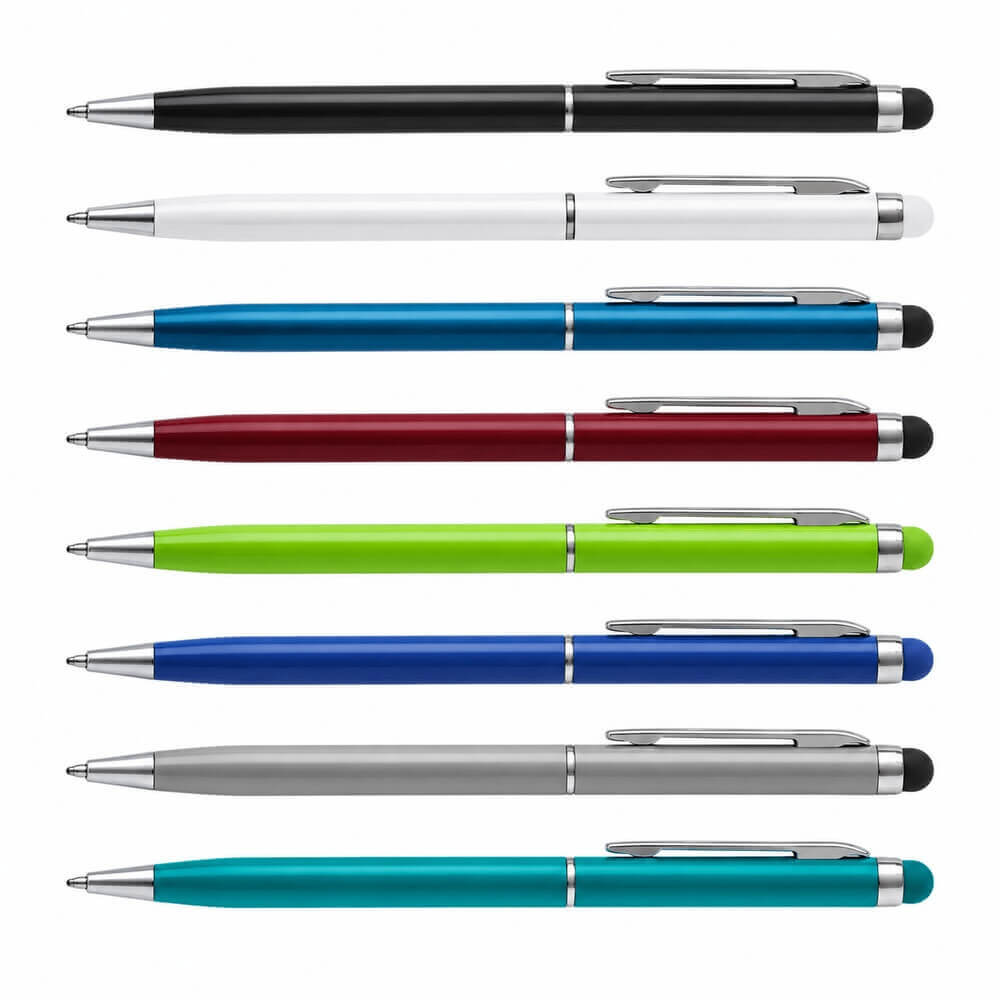 Stylo bille twist en aluminium coloré et tactile fond blanc