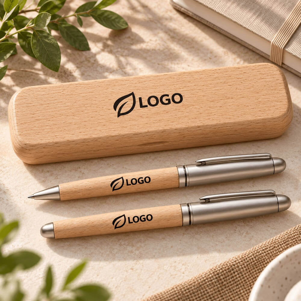Parure stylo bille et roller en hêtre ambiance logo
