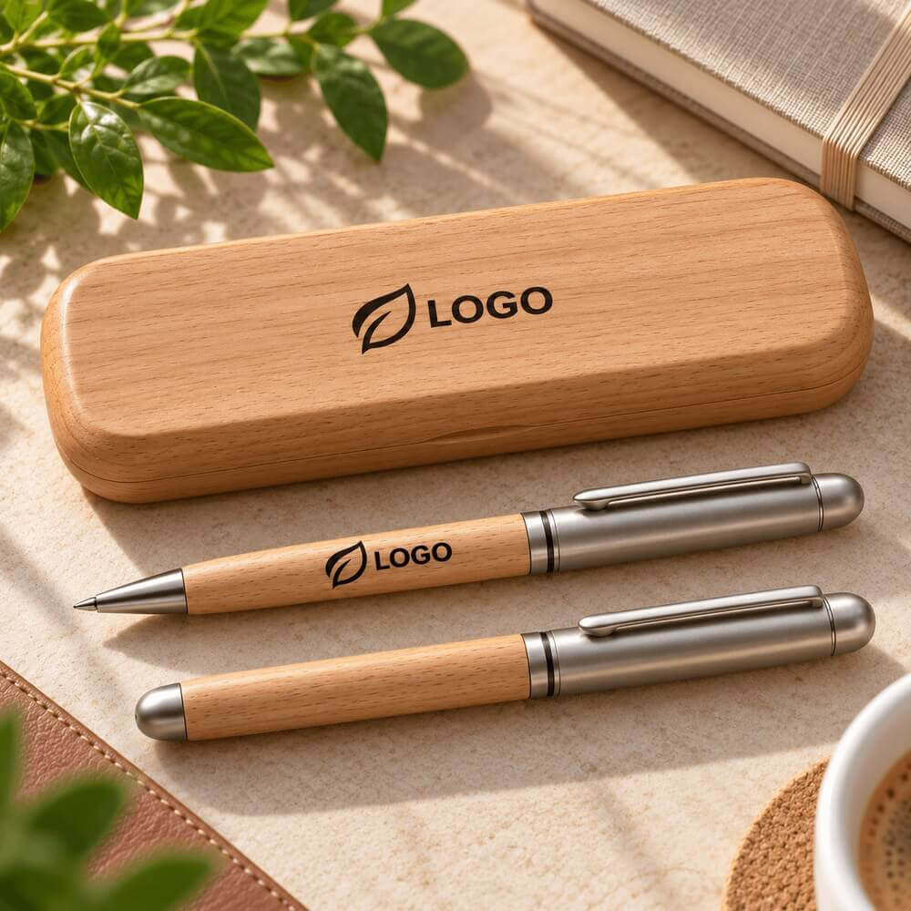 Parure stylo bille et roller en bambou ambiance logo