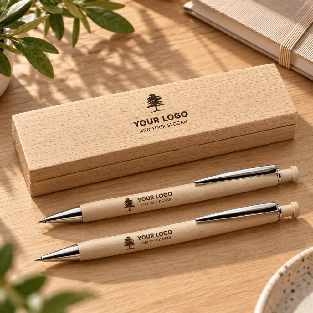 Parure stylo bille et porte-mine en bois ambiance logo