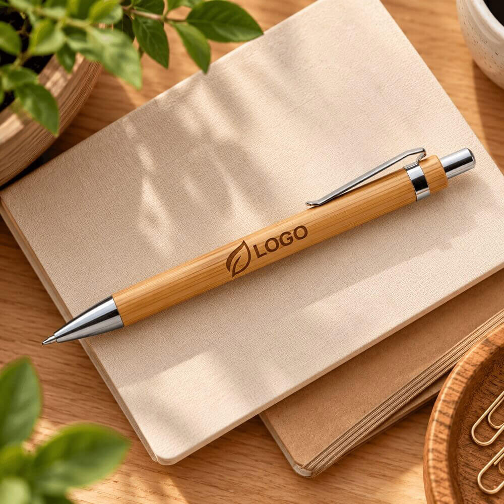 stylo bille en bambou avec clip métal ambiance logo