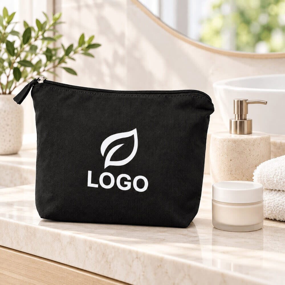 Trousse maquillage en coton recyclé ambiance logo