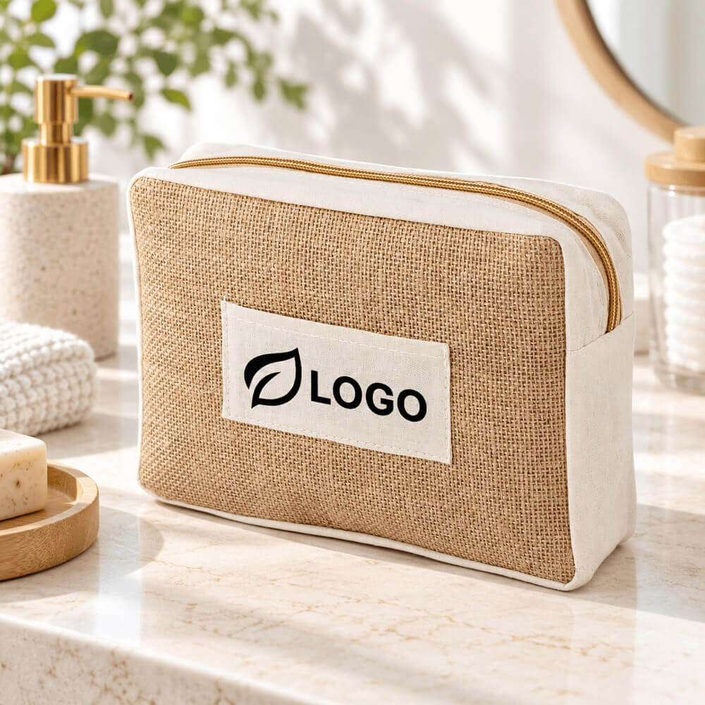 Trousse éco-conçue en jute zippée ambiance logo