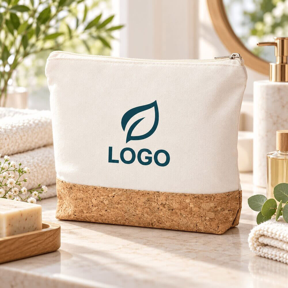 Trousse élégante coton et liège zippée ambiance logo