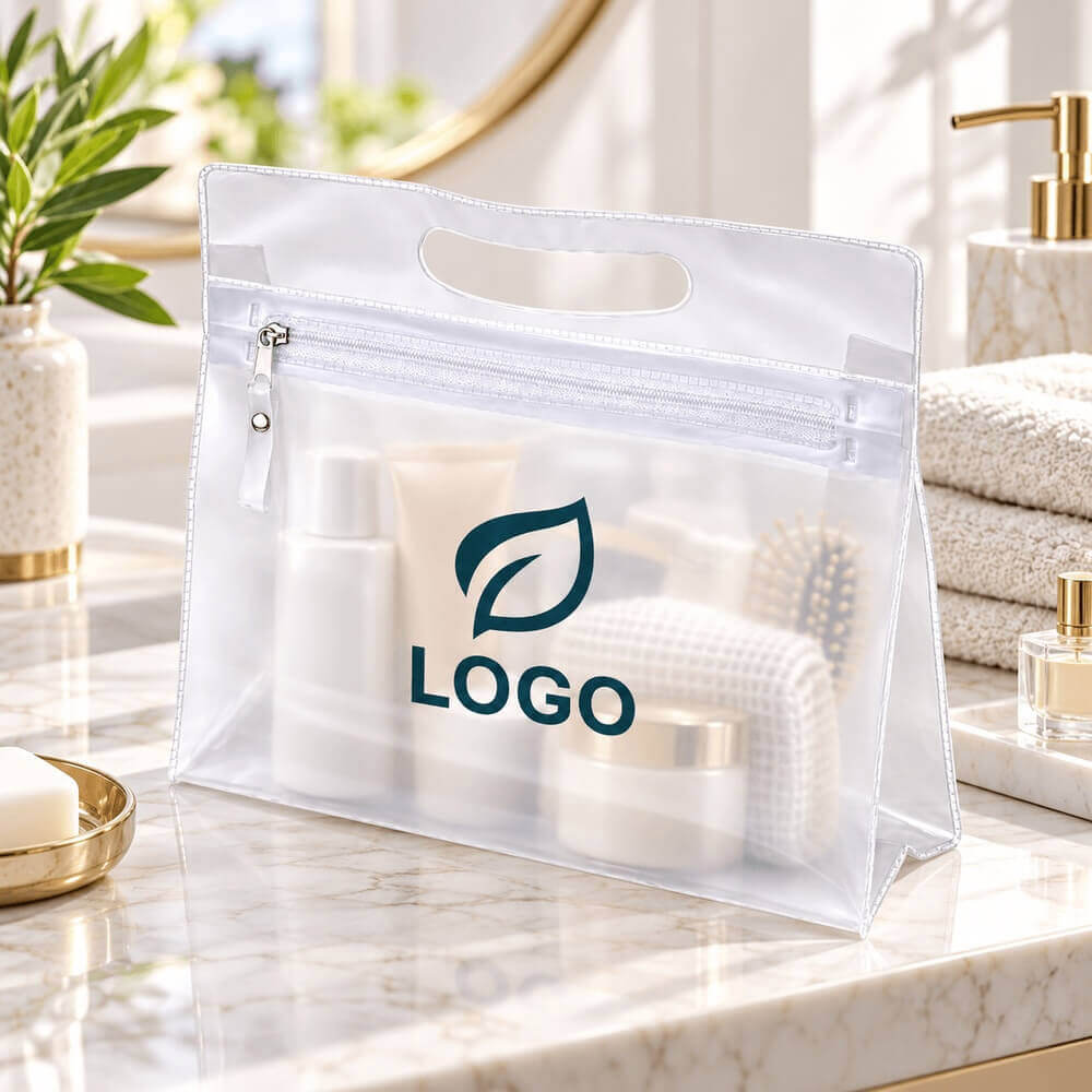 Trousse de toilette transparente en PVC souple ambiance logo