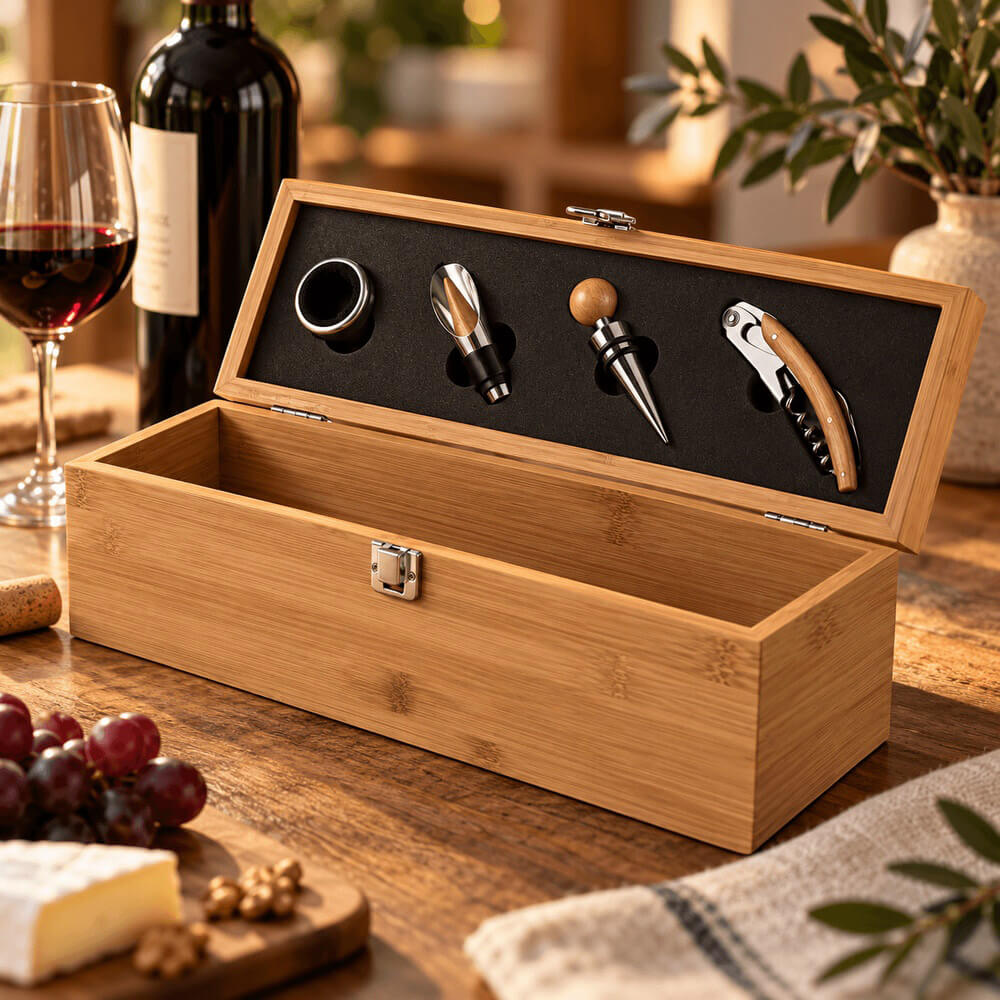 Coffret vin 4 pièces coffret en bambou ambiance