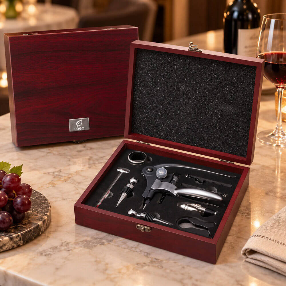 Coffret sommelier 9 pièces en bois avec accessoires vin ambiance logo