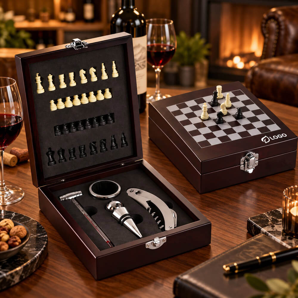 Set à vin 5 pièces avec jeu déchecs en coffret bois ambiance logo