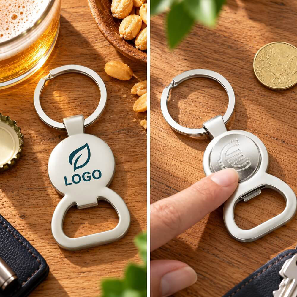 Porte-clés en métal avec décapsuleur et jeton chariot ambiance logo