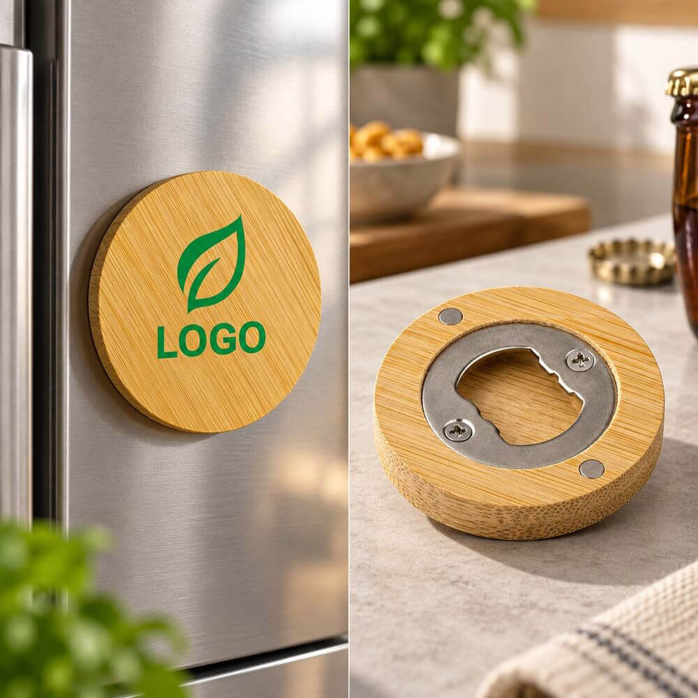 Décapsuleur magnétique en bambou design naturel ambiance logo